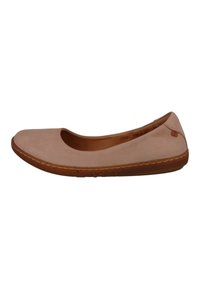 Light pink ballet flat with a rounded toe, simple design, soft leather upper, and stitched detailing along the sole.