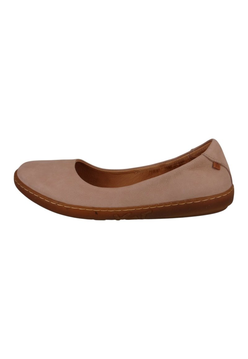 Light pink ballet flat with a rounded toe, simple design, soft leather upper, and stitched detailing along the sole.