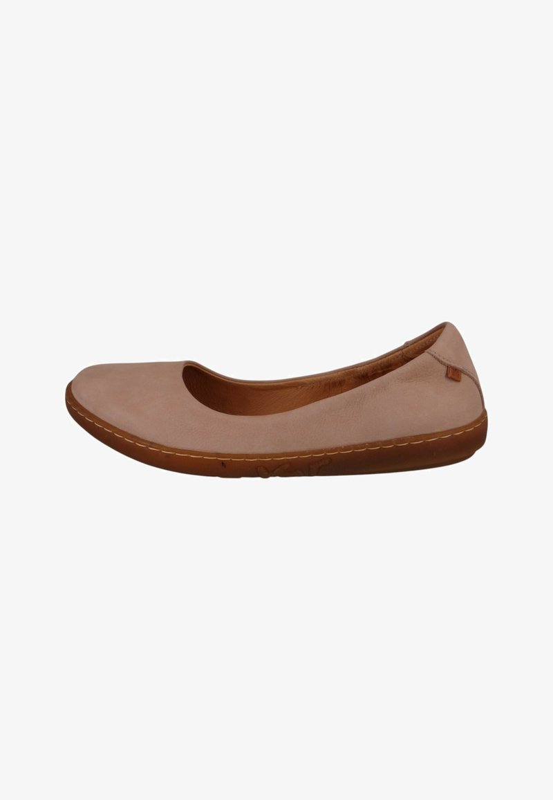 Light pink ballet flat with a rounded toe, simple design, soft leather upper, and stitched detailing along the sole.