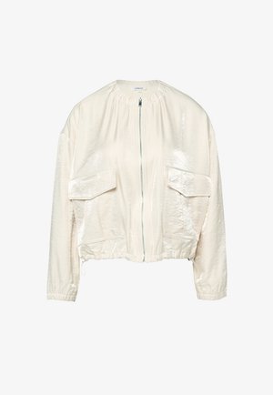 Crèmekleurige glanzende bomberjas met lange mouwen, ritssluiting aan de voorkant, elastische manchetten en zoom, en twee grote klepzakken aan de voorkant.