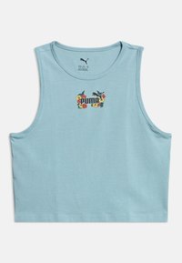 Lyseblå ærmeløs croptop med rund hals og centralt Puma-logo omgivet af gule og røde blomsterdesigns.