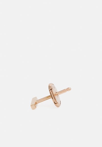 Roosa kuldne kinnitusega kõrvarõngas, mis sisaldab ümmargust ketast siledal pinnal ja ristküliku kuju postkinnitust. Lihtne ja minimalistlik disain.