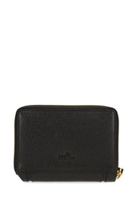 Black leather wallet with a textured finish, gold zipper, and RFID protection logo on the front, featuring a rectangular shape.