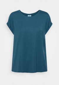 Koszulka z krótkim rękawem i okrągłym dekoltem w głębokim odcieniu teal, wykonana z miękkiego materiału, o luźnym kroju i minimalistycznym designie. Gładka tekstura.