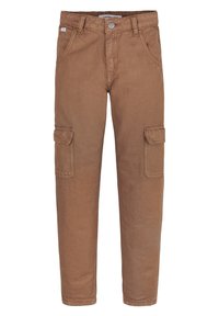 Braune Baumwollcargo-Hosen mit zwei Seitentaschen, einem Knopfverschluss und einem geraden Beinansatz. Sanfte Textur mit subtilen Nähdetails.