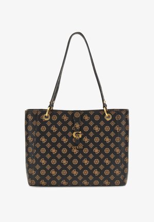 Czarna syntetyczna torba typu tote z pozłacaną okuciami i wytłaczanym wzorem monogramu. Posiada podwójne paski na ramiona oraz centralne zapięcie.