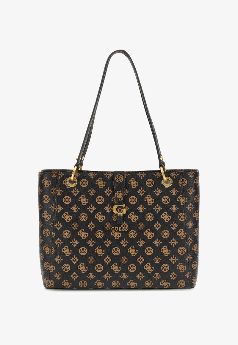 Bolso tote sintético negro con herrajes dorados y patrón de monogramas en relieve. Presenta dos asas de hombro y un cierre central.