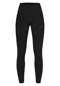 Zwarte high-waisted leggings met een gladde textuur, voorzien van zijzakken en een logo op de tailleband, ontworpen voor comfort en prestaties.