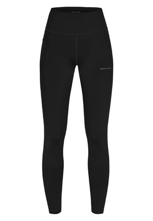 Leggings neri a vita alta con una texture liscia, dotati di tasche laterali e di un logo stampato sulla vita, progettati per offrire comfort e performance.