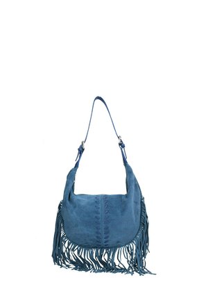 Blauwe leren handtas met franjes aan de onderkant, een gestikt middenstuk en een enkele verstelbare schouderriem. Zachte textuur door het hele ontwerp.
