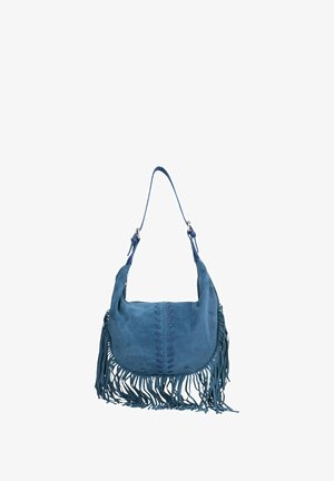 Blaue Wildleder-Handtasche mit Fransen am Boden, einem gestickten Mittelteil und einem einzelnen verstellbaren Tragegurt. Glatte Textur überall.