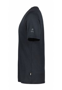 Maglietta a maniche corte blu scuro con una texture liscia, caratterizzata da delicati motivi e un piccolo logo sulla manica sinistra.