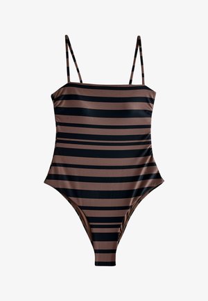 Maillot de bain une pièce à rayures horizontales marron et noir, fines bretelles réglables, découpes hautes aux jambes et encolure carrée.