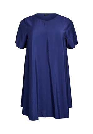 Korte mouwen jurk van donkerblauwe stof met een gladde textuur, A-lijn silhouet en een ronde halslijn; bevat een subtiel detail in de voornaad.