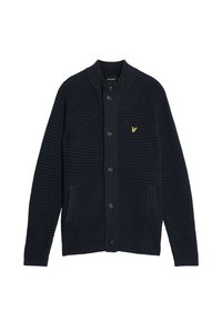 Cardigan a maglia blu navy con colletto a coste, chiusura con bottoni e due tasche frontali. Presenta un piccolo logo giallo sul petto.