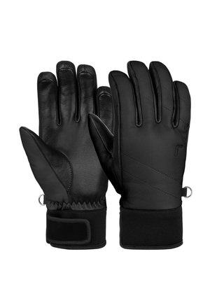 Black gloves made of leather with a quilted design, featuring snug cuffs, Velcro closure, and a decorative loop on the side.