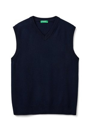 Pull sans manches bleu marine avec un design en V, col et ourlet côtelés, fabriqué en tissu tricoté lisse. Sans motifs ni embellissements.