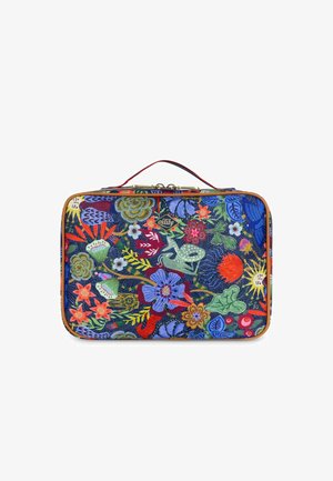 Colorful rectangular bag with floral patterns, featuring a dark blue background, gold hardware, and a red handle. Made from durable fabric.