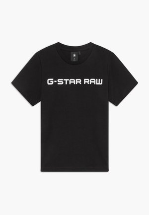 Czarna koszulka z krótkim rękawem i okrągłym dekoltem z białym nadrukiem "G-STAR RAW" na piersi, rozmiar 8, położona na płasko na białym tle.