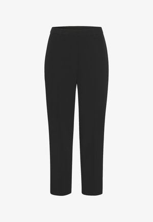 Black trousers with a tailored design, featuring a flat front, belt loops, and a slim, straight leg. Made from smooth fabric with no patterns.