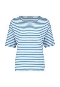 Niebieska i biała, w poziome paski, koszulka z krótkim rękawem z lekkiego materiału, z okrągłym dekoltem i luźnym fasonem. Posiada poziome paski.