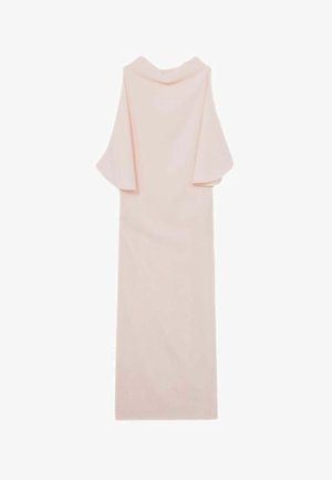 Langes, hellrosanes Kleid aus weichem Stoff, mit weiten Ärmeln und hohem Kragen, gerader Schnitt und minimalistisches Design.