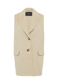 Beige ärmellose Weste aus strukturiertem Stoff mit Reverskragen, zwei Fronttaschen und zwei Knöpfen auf der Vorderseite.