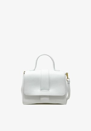 White leather handbag with a structured shape, top handle, and adjustable shoulder strap. Features a flap closure and subtle textured detail.
