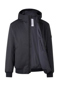 Sort letvægtsjakke med hætte, frontlynlås, to sidelommer og ribbede mansjetter. Indvendig foring er grå, og stoffet er glat.