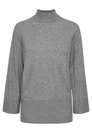 Pullover grigio con collo alto, maniche a tre quarti, due tasche laterali e orlo a coste, realizzato in morbido tessuto testurizzato.