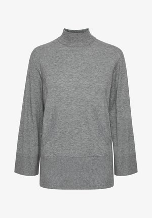 Grå pullovertröja med hög krage, trekvartslånga ärmar, två sidofickor och ribbad nederkant, tillverkad av mjukt, texturerat tyg.