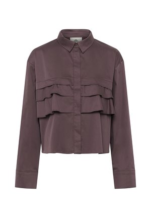 Pitkähihainen malvanvärinen pusero, jossa on terävä kaulus, piilotettu napitus etupuolella ja kerroksittainen röyhelöyksityiskohta rinnassa.