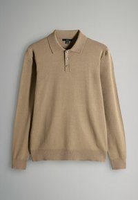Beige Langarm-Polo-Pullover aus weichem Stoff mit klassischem Kragen, Knopfleiste mit vier Knöpfen sowie gerippten Bündchen und Saum. Einfaches, einfarbiges Design.