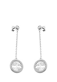 Silverhängsörhängen med cirkulära livets träd-designs och intrikata utskärningar, fästa med kedjelänk och dekorerade med små kristaller.