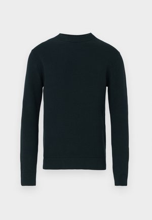 Sweater preto de manga longa com gola redonda, com punhos, gola e bainha canelados, exibido contra um fundo branco liso.