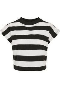 Crop top s černobílými horizontálními pruhy, krátkým rukávem a žebrovaným kulatým výstřihem. Vyrobeno z měkké, lehké tkaniny.