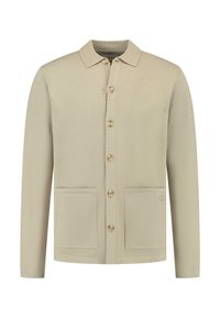 Beige collared cardigan dengan lengan panjang, dua kantong depan, dan tombol bulat. Terbuat dari kain lembut dengan finishing tekstur.