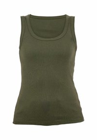 Olijfgroen geribbelde tanktop met een ronde halslijn en mouwloos ontwerp, met een getailleerde vorm en zachte textuur.