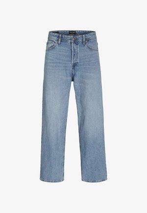 Jean en denim bleu clair avec une taille haute, une coupe droite, cinq poches et une fermeture à bouton. Lavage classique avec un léger effet usé.