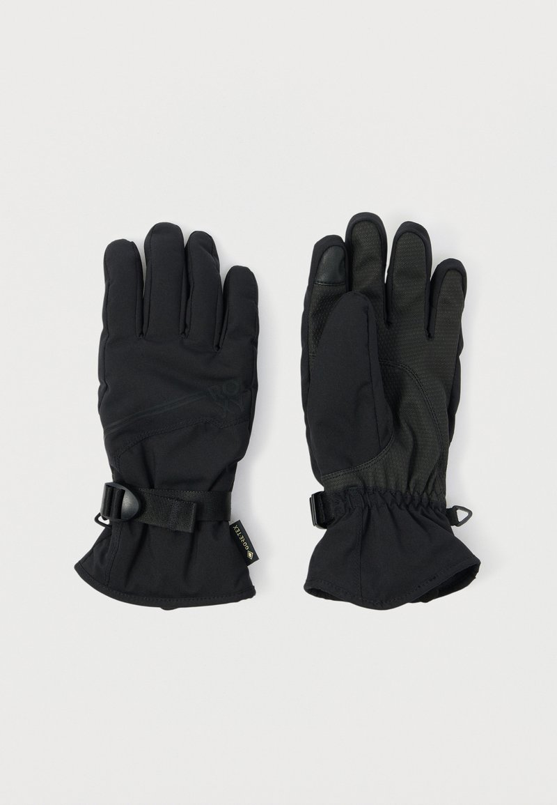 Musta käsineet, joissa on sileä kangaspinta, teksturoitu pito sormissa, säädettävät rannetakit ja joustavat hihnat turvallista istuvuutta varten.