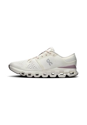 Lightweight running shoes in cream with a textured mesh upper, a white and lavender midsole, and a flexible sole featuring distinct cutouts.