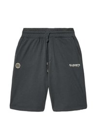 Lässige Shorts in Anthrazitgrau mit elastischem Bund, Kordelzug vorne, Seitentaschen und weißem "AllSaints"-Logo sowie Globus-Design auf der Vorderseite.