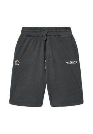 Antracietgrijze casual shorts met elastische tailleband, voorste trekkoord, zijzakken en een witte "AllSaints"-logo en wereldbolontwerp aan de voorkant.