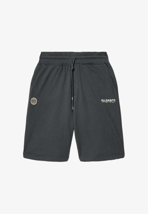 Lässige Shorts in Anthrazitgrau mit elastischem Bund, Kordelzug vorne, Seitentaschen und weißem "AllSaints"-Logo sowie Globus-Design auf der Vorderseite.