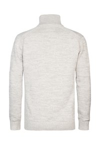 Pull à col roulé en maille gris clair avec manches longues et poignets, ourlet et col côtelés, vu de dos.