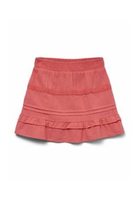 Lyserød letvægts nederdel med elastisk talje, der har vandrette lag og flæsefor. Lavet af blød, struktureret stof.