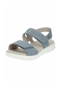 Szare skórzane sandały z krzyżującymi się paskami, zapięcie na rzep oraz wyściółka z amortyzacją. Posiadają białą podeszwę i delikatną fakturę na paskach.