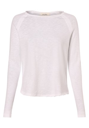 White long-sleeve shirt, lightweight, round neckline, relaxed fit, slightly cropped with raw edges, soft texture, no patterns or accents.