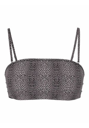Haut de bikini bandeau à imprimé léopard avec fines bretelles réglables en noir et gris.