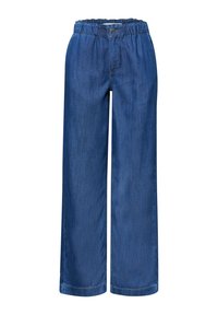 Bredbenede blå denim bukser med elastik i taljen, knaplukning og front lynlås.